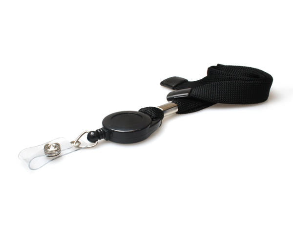 16mm Black Tubular Flexiweave Breakaway Lanyards with attached Mini Yoyo Card Reel &amp; Clear Vinyl Strap (Pack of 50)